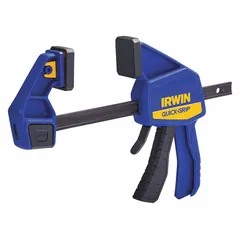 This dual-function tool serves as both a clamp and a spreader, operated one-handed. It has a maximum jaw opening of 6 inches and a throat depth of 3 1/4 inches, with an overall length range from 7 7/8 inches to 13 3/8 inches. Suitable for holding workpieces during assembly, gluing, or repair tasks.