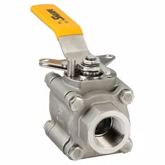 This SHARPE ball valve features an Alloy 20 stainless steel body with a straight pattern and FNPT x FNPT connections. It includes a locking lever handle and a polymer seat material. Suitable for on/off flow control in industrial piping systems handling corrosive or high-purity fluids.