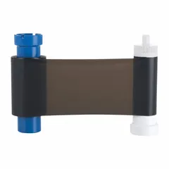 Black ribbon for ID card printers, yielding 1000 prints per roll. Overall height 5 1/8 in, width 3 1/8 in. Used for monochrome black printing on plastic cards, such as text, barcodes, or black-and-white images.
