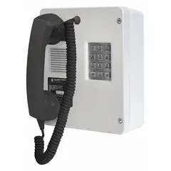Intrinsically safe telephone for indoor commercial use in hazardous environments. Features a corrosion-resistant plastic enclosure, non-sparking design, noise-canceling handset, volume control, and proximity-detecting hook switch with no moving parts. Includes Hytrel cord and operates on PSTN network.