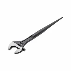 This adjustable spud wrench is constructed from alloy steel with a black oxide finish. It features a 1-1/2 in head size, 0 in offset, and 3/4 in head thickness. Commonly used for aligning flange bolt holes and turning nuts in piping and construction applications.