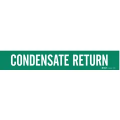 Green pipe marker with white legend reading 'Condensate Return'. Fits pipe outer diameters from 2-1/2 to 7-7/8 inches. Supplied without arrows. Used to identify condensate return lines in industrial piping systems.