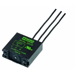 Box-mount varistor motor suppressor for 400 V AC systems, rated 7.5 kW. Operates from 10 to 400 Hz. Single-core connection with self-securing M4 cable forks and 200 mm cable length. Used for overvoltage suppression in motor control circuits.