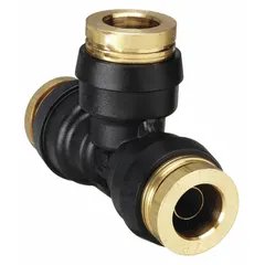 Nylon push-fit tee coupling with three 3/8 in OD ports for connecting three air brake or pneumatic lines in a T configuration. Tool-free installation provides a leak-free joint. Sold in a 10-pack.