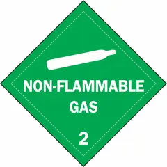 This BRADY placard is used for identifying containers holding non-flammable gas, meeting DOT requirements for Class 2: Gases. It measures 10 3/4 in x 10 3/4 in on Tagboard with a 10 3/4 in label height and displays the message 'Non-Flammable Gas'.