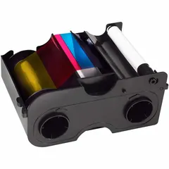 Full-color ribbon for ID card printers, providing 250 prints per roll. Overall dimensions: 6 in height, 4 3/8 in width. Used for printing color images and text on plastic ID cards in applications such as employee badges, student IDs, and access control cards.