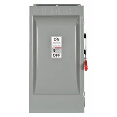 The Siemens HF324J is a 200 A, three-phase fusible safety switch rated for 240V AC. It features a galvanized steel enclosure designed for indoor use. This switch provides a visible break for safe disconnection and overcurrent protection in three-phase electrical circuits.