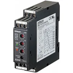 Single-channel over-temperature monitoring relay from the OMRON K8AK-TH series. Operates on 24V AC/DC supply with SPDT contact configuration and 5 A current rating. Designed for DIN-rail mounting with 12 terminals. Used to detect excessive heat in industrial equipment such as motor control panels, HVAC systems, and process machinery.