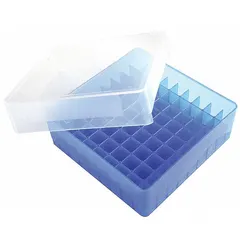 This blue polypropylene storage box measures 5 1/8 in overall length, 5 1/8 in overall width, and 1 7/8 in overall height. It is designed to hold up to 81 microtubes of 1.5 to 2.0 mL capacity. Suitable for organizing samples in laboratory and research settings.