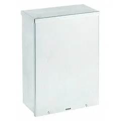 This WIEGMANN steel enclosure measures 12 x 10 x 6 inches and is rated NEMA 3R for protection against rain and sleet. It features a solid galvanized screw-on cover and a padlock hasp closure. No knockouts are provided. Typical applications include housing electrical controls, terminals, and instruments in outdoor or indoor industrial and commercial settings.