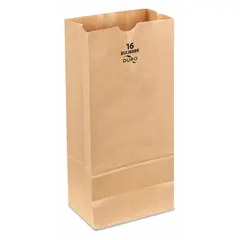 Kraft paper grocery bag with dimensions 7 3/4 in width, 4 11/12 in depth, and 16 in height. Supplied in a 400-pack. Suitable for general-purpose packaging and transport of lightweight items, parts, or supplies in retail, grocery, and industrial settings.