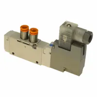 Two-position, single-solenoid directional control valve from the VQZ2000 series. Operates at 24 V with a pressure range of 0.1 MPa to 0.7 MPa. Features a DIN solenoid connector. Used in pneumatic systems to control airflow direction in automated machinery and process control applications