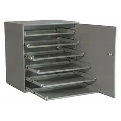 This gray cabinet frame accommodates six drawers and is stackable for modular storage expansion. It features a bearing system for smooth drawer operation. Suitable for organizing small parts, tools, or components in industrial workshops, maintenance facilities, and manufacturing plants.