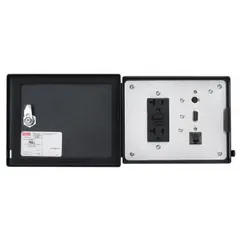This DH+ panel interface provides a 120V duplex receptacle, an 8-pin Mini DIN female connector, and a 9-pin D-Sub panel configuration for data and power pass-through in industrial enclosures. It features a 5 A reset and an IP66 rating for environmental protection.