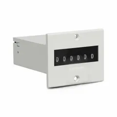 Electromechanical counter with front panel mounting, 1 3/4 in x 2 1/4 in form factor. Operates on 12 V DC to 24 V DC power. UL listed. Used for counting cycles, production tallying, or run-time tracking in industrial control panels and automation systems.