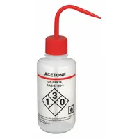 APPROVED VENDOR Wash Bottle: 500 mL, Acetone, Red, Narrow, Std Spout Spout, White, 75 mm Body Dia (MPN 24J880)