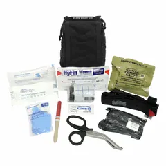 Bleeding control kit for emergency response, serving 1 person with 11 components stored in a nylon bag featuring 3 pockets. Includes Combat Gauze with QuikClot wound dressings. Suitable for vehicle deployment in first aid scenarios.