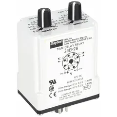This Dayton socket-mounted relay is a single-function time delay device with 8 pins/terminals. It operates on 12V DC and is rated for 10 A. Typical applications include industrial control panels, HVAC systems, conveyor controls, and automation circuits requiring precise timing or sequencing of electrical operations.