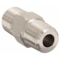 This steel hydraulic hose adapter features a male x male configuration with NPTF threads on both ends, providing a rigid, straight connection for fluid-power systems. It is used to join two male NPTF ports in hydraulic lines, supporting leak-resistant sealing in industrial applications.