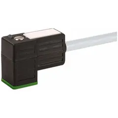 Single-ended cordset with DIN Form CI female right angle connector on one end and bare wire on the other. Features 3 pins, 18 AWG wire, 5 m cable length, PUR jacket in gray, and IP67 rating. Used for connecting solenoid valves, sensors, and actuators in industrial automation, packaging, and material handling equipment.