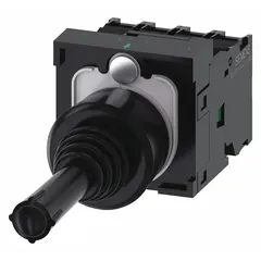 Joystick operator with contact block from the 3SU1 series. Features a plastic bezel, 1 normally open (1NO) contact, momentary switch action, and 4 positions plus center off. Suitable for directional control in industrial machinery such as cranes, conveyors, and material handling equipment.