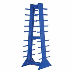 This standalone A-frame cantilever rack kit is designed for light-duty storage of long, bulky items such as pipes, lumber, or tubing. It features straight arms and measures 30 in x 30 1/4 in x 84 in. The rack provides organized, accessible storage in warehouses, workshops, and industrial facilities without requiring wall support.