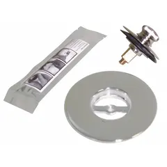 This WATCO bathtub drain stopper is made of brass with a silver finish. It includes a strainer body and is designed to seal the drain opening for bathing, releasing water via a lift-and-turn mechanism. Suitable for use in residential bathroom drains.