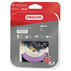 This OREGON chain, bar and sharpener set is designed for use with Oregon chain saws. It features a 3/8 in pitch, 0.5 in gauge, and 55 drive links. The set includes a sharpening stone for on-site maintenance to keep the chain cutting efficiently.