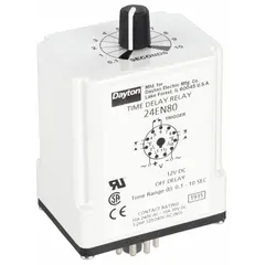 This socket-mounted time delay relay operates on 12V DC with a contact rating of 10 A. It features 11 pins/terminals and is configured for off-delay operation, keeping the load energized for a preset time after the input signal is removed. Typical applications include industrial automation for sequenced shutdown in conveyor systems, motor controls, and HVAC equipment.