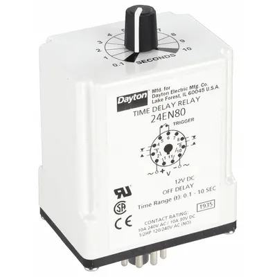 Dayton Single Function Time Delay Relay: Socket Mounted, 12V DC, 10 A, 11 Pins/Terminals - Socket-Mounted Relays