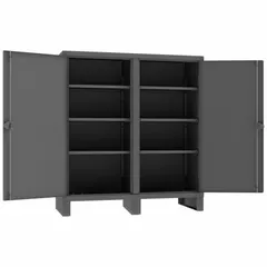 This shelf-style shift cabinet from DURHAM MFG is assembled and finished in gray. It includes six adjustable shelves and two doors, with a leg base. Suitable for organizing tools, parts, and supplies in industrial and warehouse settings.