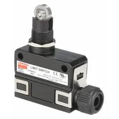 Top-mount roller-plunger limit switch with screw terminals. Used for position sensing in automated equipment such as conveyors, packaging machinery, and assembly lines.