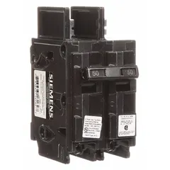 Bolt-on miniature circuit breaker rated 50 A at 120/240V AC, 2 poles, with high interrupting capacity. Provides overcurrent protection for branch circuits in commercial and industrial electrical distribution systems. Installs in Siemens panelboards.