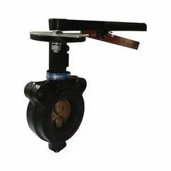 This 8-inch ductile iron butterfly valve features a concentric wafer design with a lever handle and an aluminum bronze alloy disc. Rated for a maximum pressure of 200 psi CWP, it is suited for general industrial flow control in water, wastewater, and process piping systems.