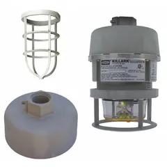 LED strobe light for Class III hazardous locations, featuring an amber lens and pendant mount. Operates on 12 to 80 VDC or 24 VAC. Overall height of 8 inches. Suitable for use in environments with combustible fibers or flyings, such as textile mills or grain handling facilities.