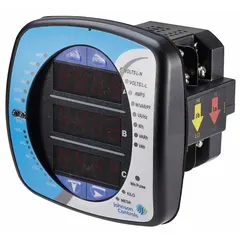 Three-phase energy meter for measuring frequency in electrical systems. Accuracy ±0.20%. Input voltage 20 to 721V line-to-line or 20 to 416V line-to-neutral. Suitable for industrial and commercial power monitoring applications.