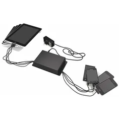 This tabletop charging station accommodates up to eight devices simultaneously using four 9-inch Lightning cables and four 9-inch Type C cables. With a 2-inch overall height, it is suited for use on desks or countertops in commercial or office environments to keep workspaces organized.