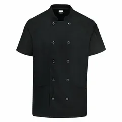 This women's chef coat features a double-breasted button closure, four pockets, and an oil-resistant finish. Constructed with a 100% polyester Flex Panel for breathability, it is suitable for professional kitchen and food-service environments. Available in black, size 3XL.