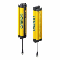 Safety light curtain for finger detection with 60 beams at 10 mm spacing, providing a 1,230 mm protected height. Operates on 24V DC with 300 mA safety output. Uses 870 nm IR LED light. Both receiver and transmitter have M12 electrical connections. Suitable for safeguarding operators around hazardous machinery in industrial environments.