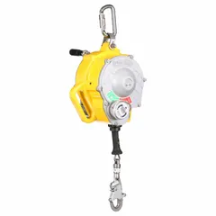 This DBI-SALA Sealed-Blok Series mounted self-retracting lifeline is designed for rescue applications. It features a sealed housing, RFID tag, and a harness swivel snap hook. The unit is ANSI Class 1 (2021) rated for overhead-only anchoring with a carabiner anchorage end connection.