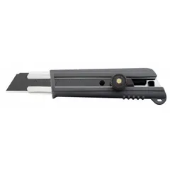 This 25mm snap-off knife features a rubberized gray plastic body with a straight-edge blade that has 7 snap-off segments. It stores no blades internally. Typical applications include cutting cardboard, drywall, plastic strapping, and sheet materials in industrial packaging, construction, and warehouse settings.