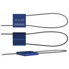 Steel adjustable-length cable seals with 12 in cable length and 1/16 in diameter. Each seal has white sequential numbering and barcode, with marking message 'Sealed'. Supplied in a 50-pack. Used for tamper-evidence and securing containers, meters, and industrial equipment.