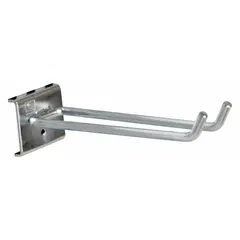 Set of 5 double rod hooks for square-hole pegboards, made of steel with a zinc-plated silver finish. Features a screw-in locking system for secure surface mounting and includes a black holding clip. Suitable for organizing tools and hardware in workshops, garages, or retail displays.