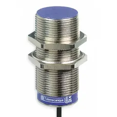 Shielded cylindrical inductive proximity sensor with non-terminated cable and NPN output. Operates on 12-48V DC supply. Detects metallic objects without contact, used for position sensing and part detection in industrial automation.