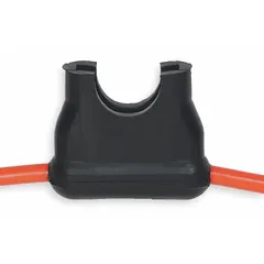 Single-pole in-line fuse holder with wire leads for 32 V DC circuits. Non-rejection block style accepts 257 series blade fuses. Suitable for low-voltage automotive and marine applications.
