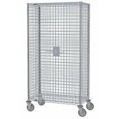 Antimicrobial wire security cart with a 900 lb capacity. Overall dimensions 41 in L x 22 in W x 68 in H. Features adjustable shelf type, side pedal brake casters, and (2) swivel wheels. Suitable for secure transport and storage in industrial and institutional environments.
