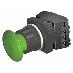 Momentary-action mushroom-head push button from Siemens Class 52 series. Features a non-metallic 30 mm mushroom head profile with 2NC contact configuration and pressure plate terminal connection. Suitable for panel-mount applications requiring a non-illuminated operator, such as emergency-stop or start functions in industrial control panels.