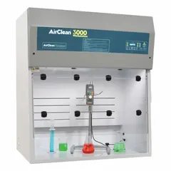 This light duty ductless fume hood from AIRCLEAN SYSTEMS is fully assembled and includes a blower, base/stand, and work surface. It provides fume containment for laboratory applications such as chemical handling, sample preparation, and light processing tasks. The unit measures 36 inches wide by 60 inches high and is finished in white.