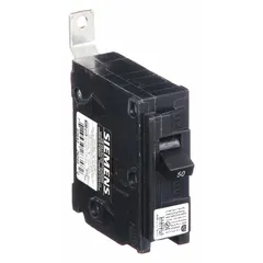Single-pole, 50A miniature circuit breaker for bolt-on installation in Siemens P1 panelboards. Rated 120/240V AC with a 10kA interrupting capacity. Provides overcurrent protection for single-phase branch circuits in residential and commercial electrical distribution systems.