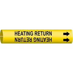 Yellow snap-on pipe marker with black legend 'Heating Return' and directional arrows. Fits pipe outer diameters from 1-1/2 to 2-3/8 inches. Used to identify heating return lines in piping systems, aiding in compliance with labeling standards and reducing confusion during maintenance or operation.